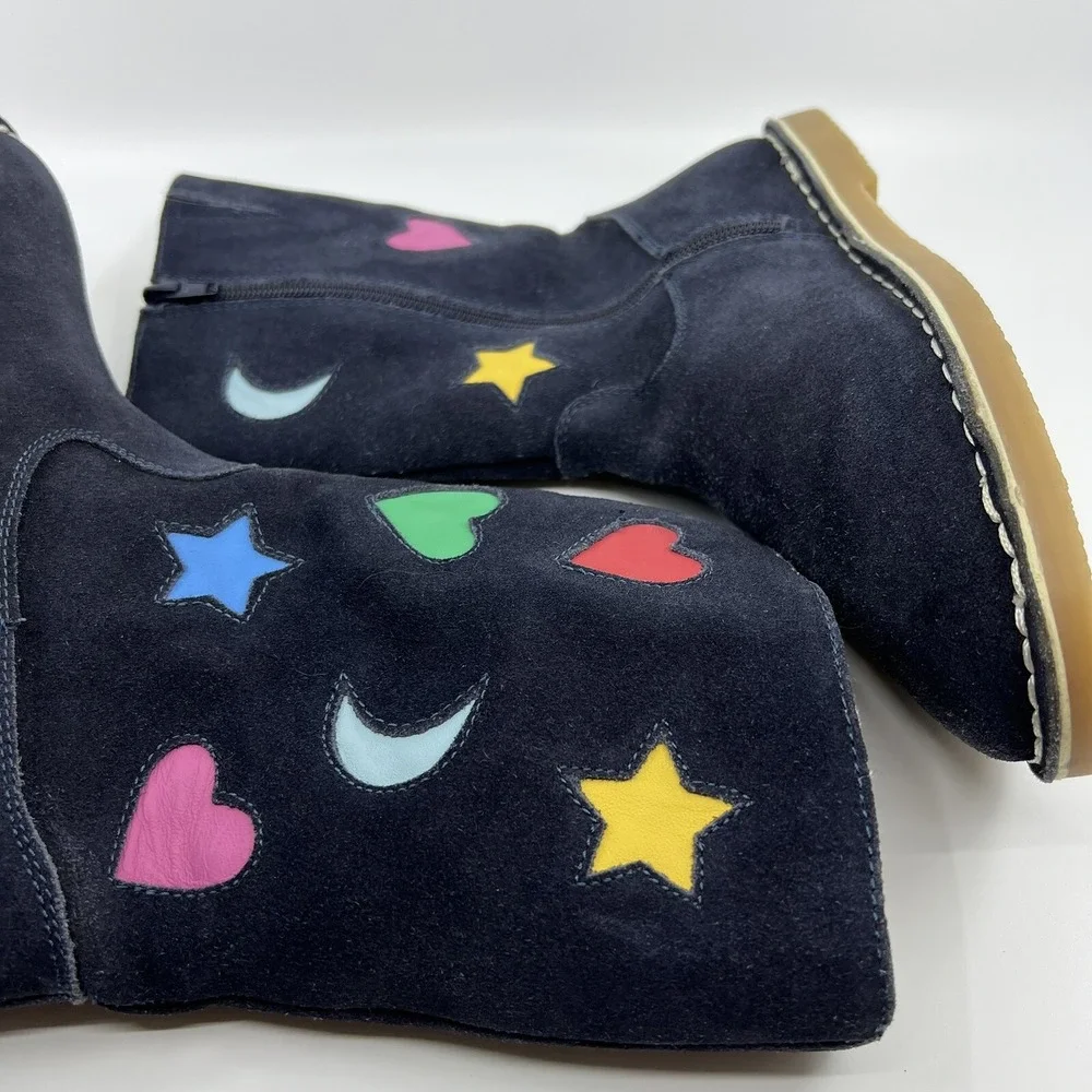 NEW Boden Suede Applique Boots Girls 4.5 Navy‎ Blue Hearts Stars Moon Zip Up